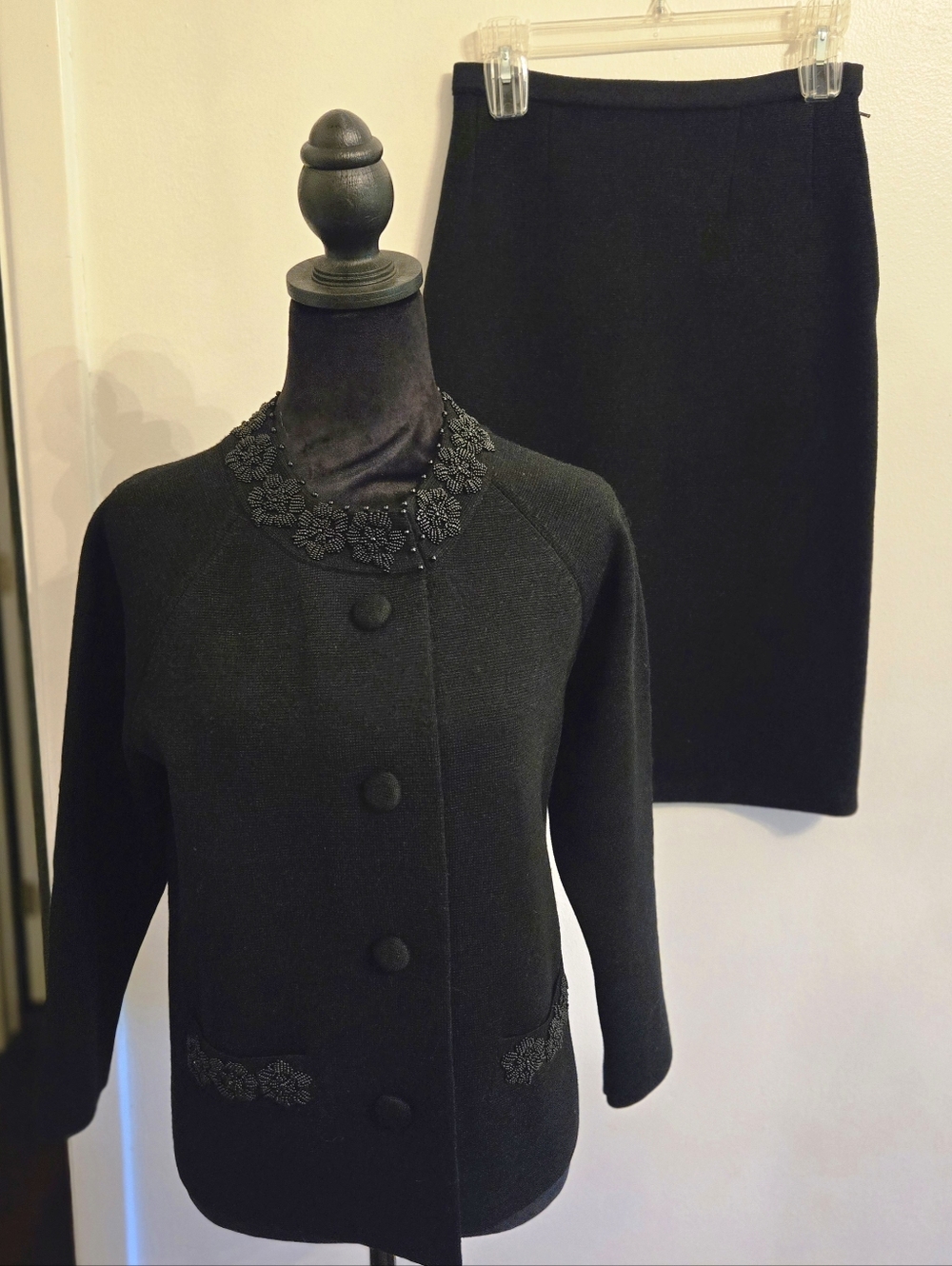 Vintage Marco Polo Black Knit Wool Beaded Cardigan And Skirt Size 14 Runs Small
